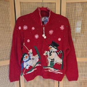 Tiara Festive Red Snowman Cardigan Medium Holiday Ugly Christmas Festive Vintage
